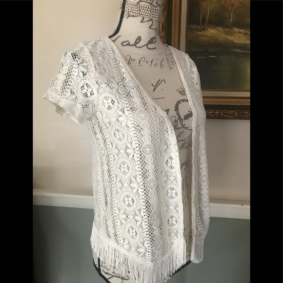 Women’s Crochet Knit Lace Open Cardigan Fringe M - Picture 5 of 8